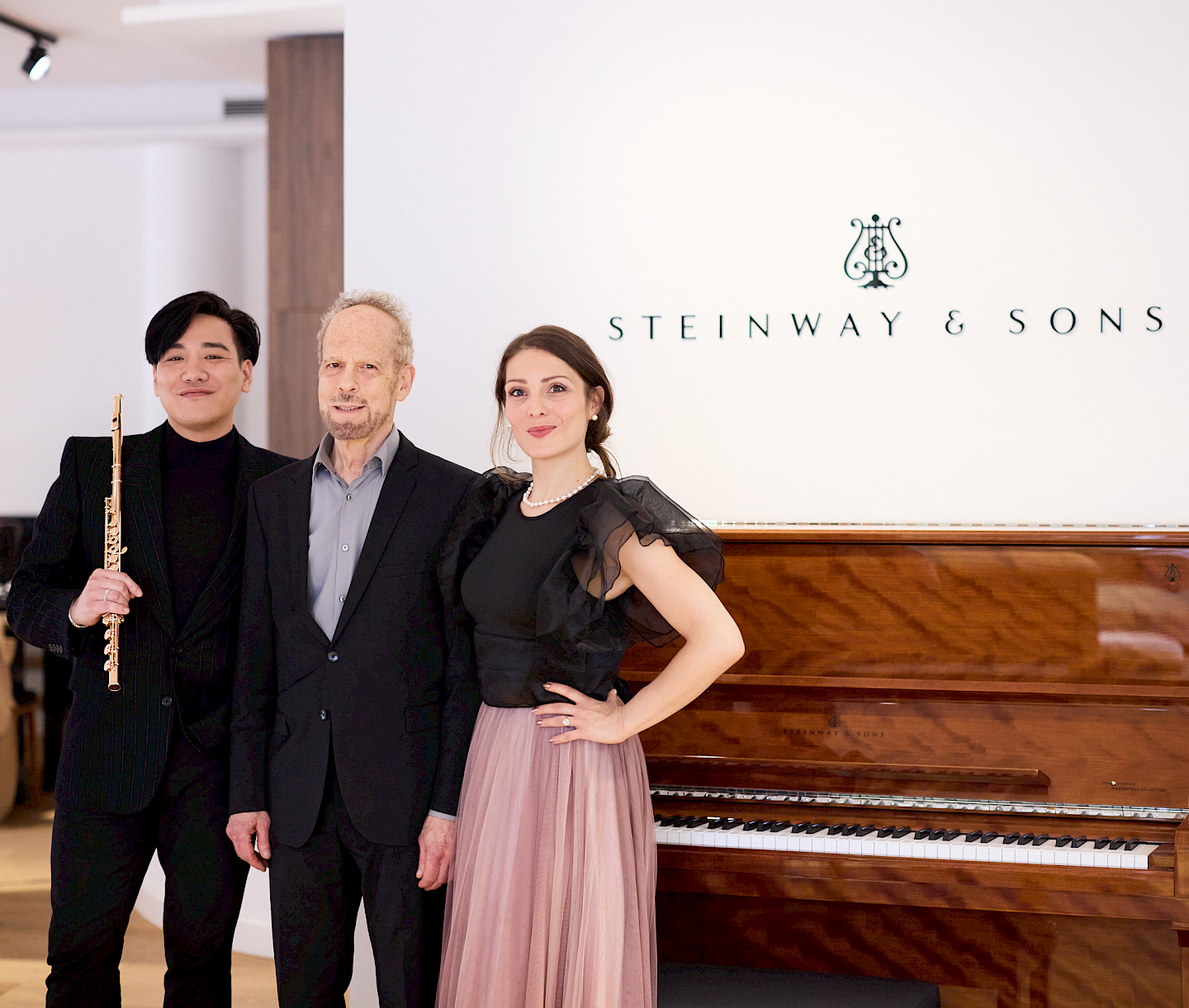 Lin, Ganger and Tchaikin in the Steinway showroom