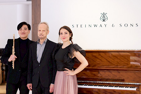 Lin, Ganger and Tchaikin in the Steinway showroom