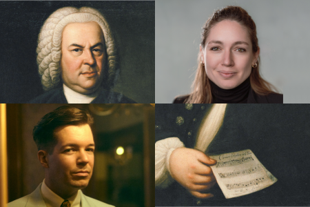 Johann Sebastian Bach mit seinem Rätselkanon in der Hand in einer Bildkomposition mit Philippa Sigl-Glöckner und Wolfgang M. Schmitt.