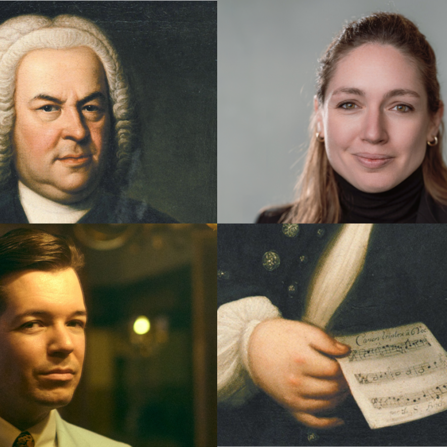 Johann Sebastian Bach mit seinem Rätselkanon in der Hand in einer Bildkomposition mit Philippa Sigl-Glöckner und Wolfgang M. Schmitt. © Elias Gottlob Haußmann, Fionn Große, Wolfgang M. Schmitt, Jochen Schnapka (Bearb.)