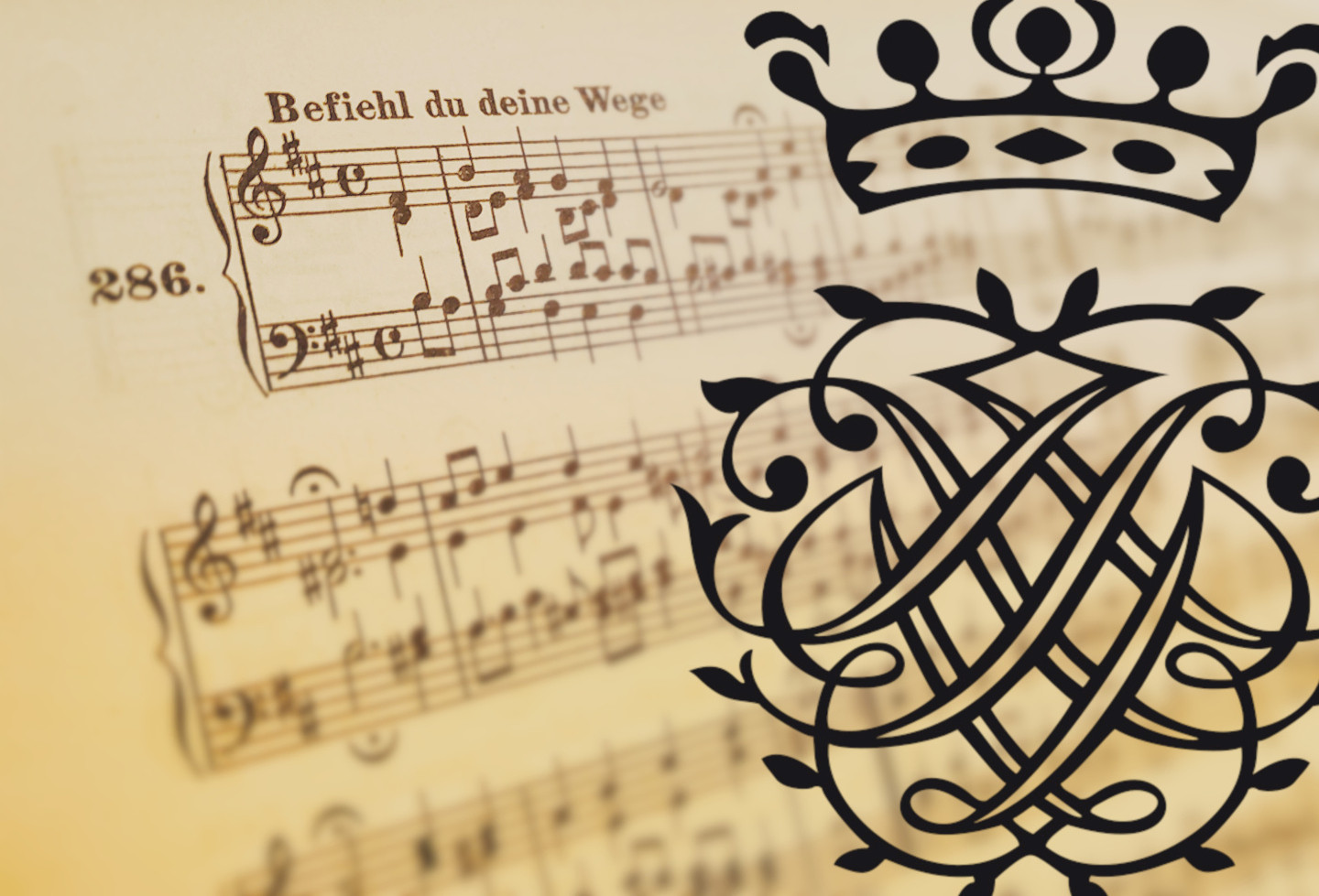 Der Bach-Choral Im Hintergrund Noten eines vierstimmigen Chorals über dem das Siegel Johann S. Bachs eingeblendet ist