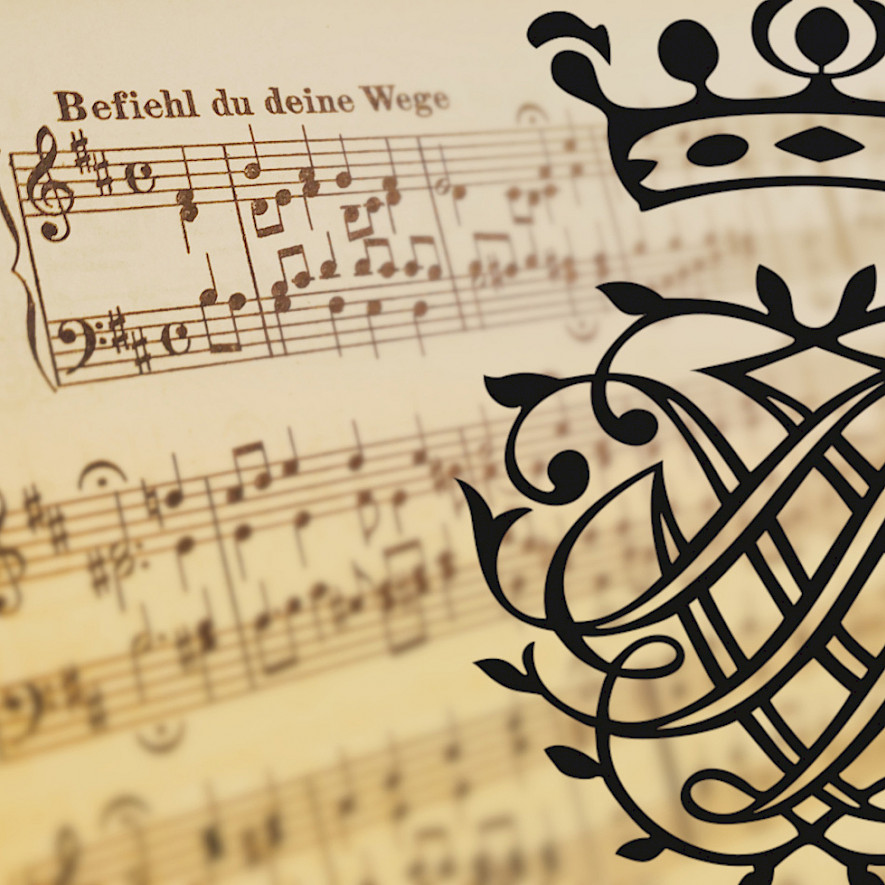 Im Hintergrund Noten eines vierstimmigen Chorals über dem das Siegel Johann S. Bachs eingeblendet ist © www.nak-sendling.de